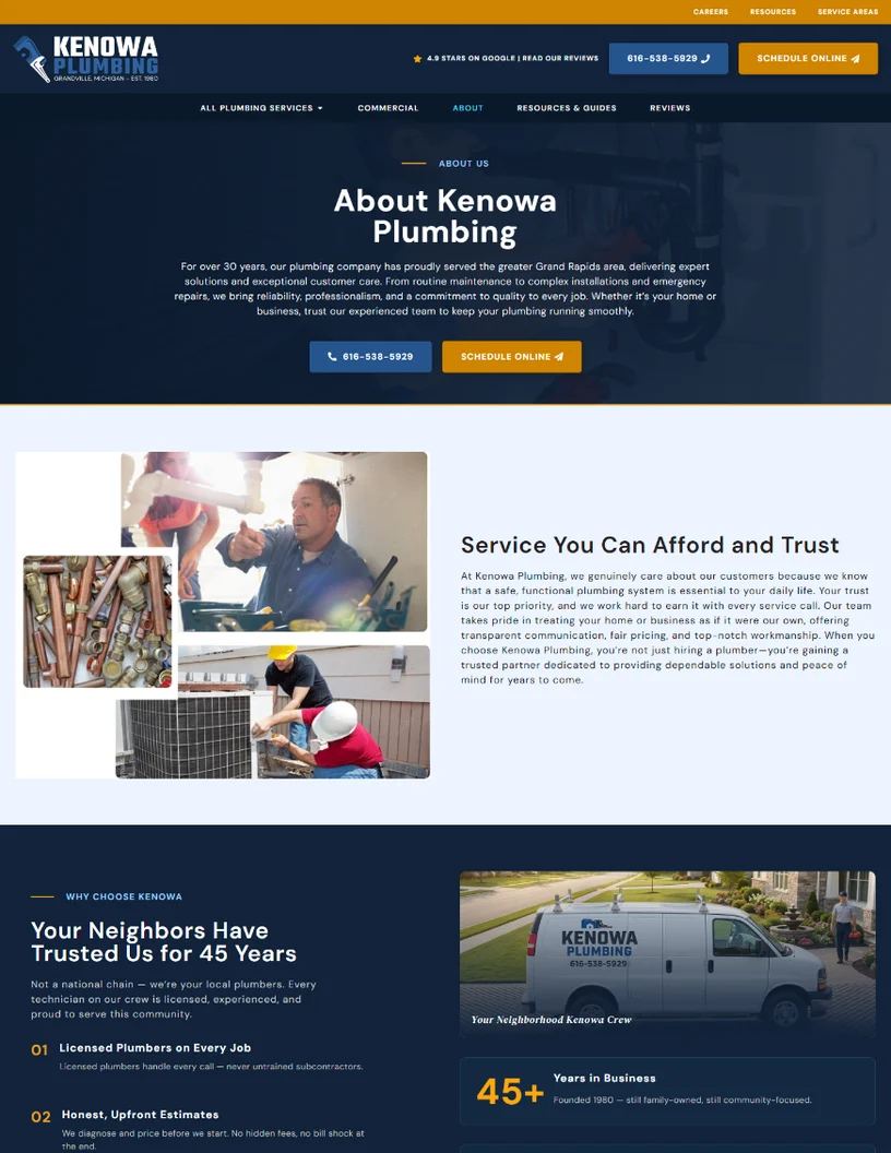 Kenowa Plumbing About page design