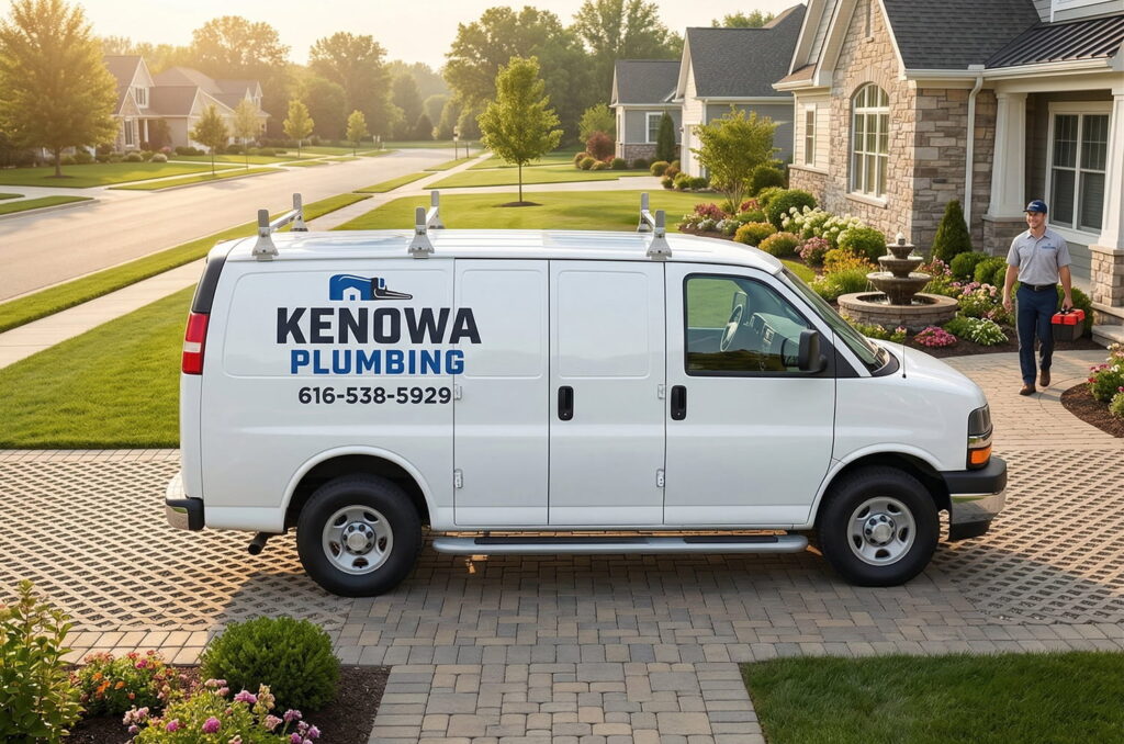Kenowa Plumbing van and plumber in a Grand Rapids neighborhood