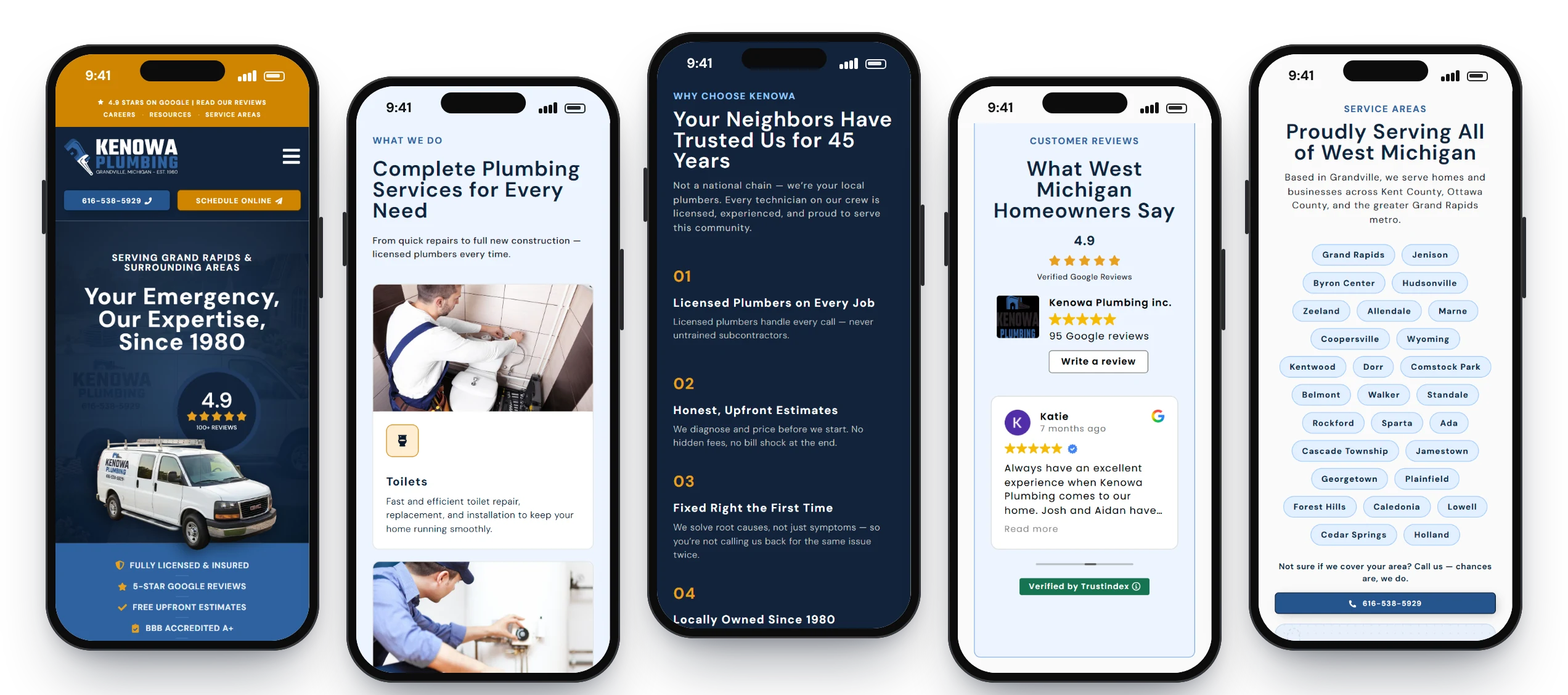 Kenowa Plumbing website on mobile: homepage, services, why choose Kenowa, reviews and service areas