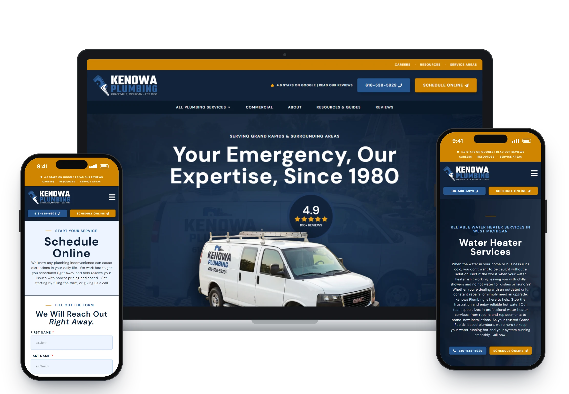 Kenowa Plumbing website on laptop and phones