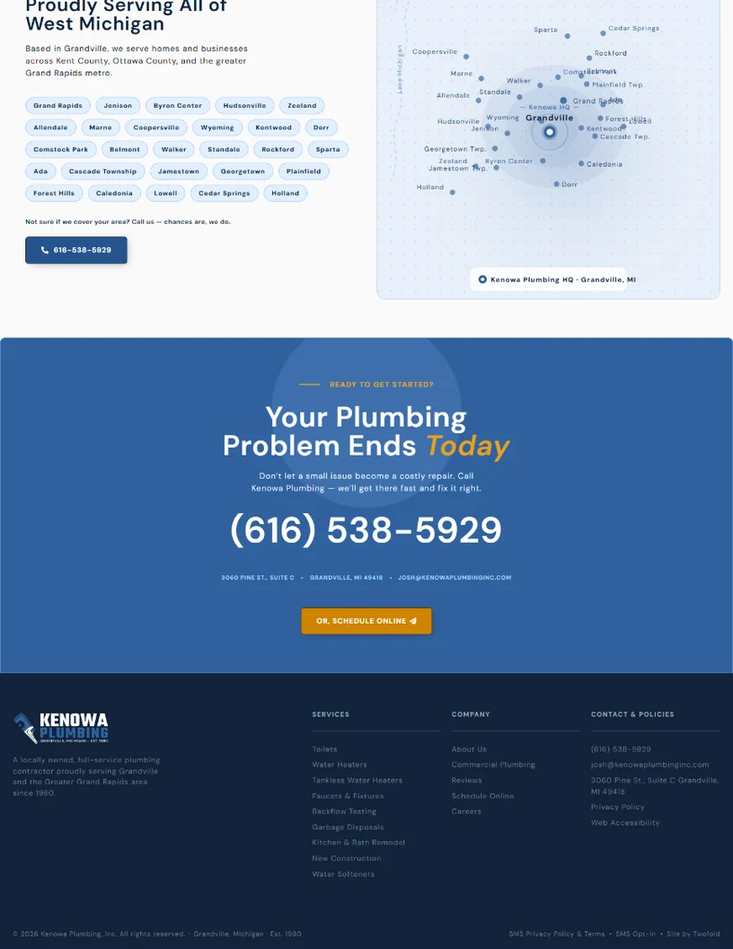 Kenowa Plumbing service areas map and call to action